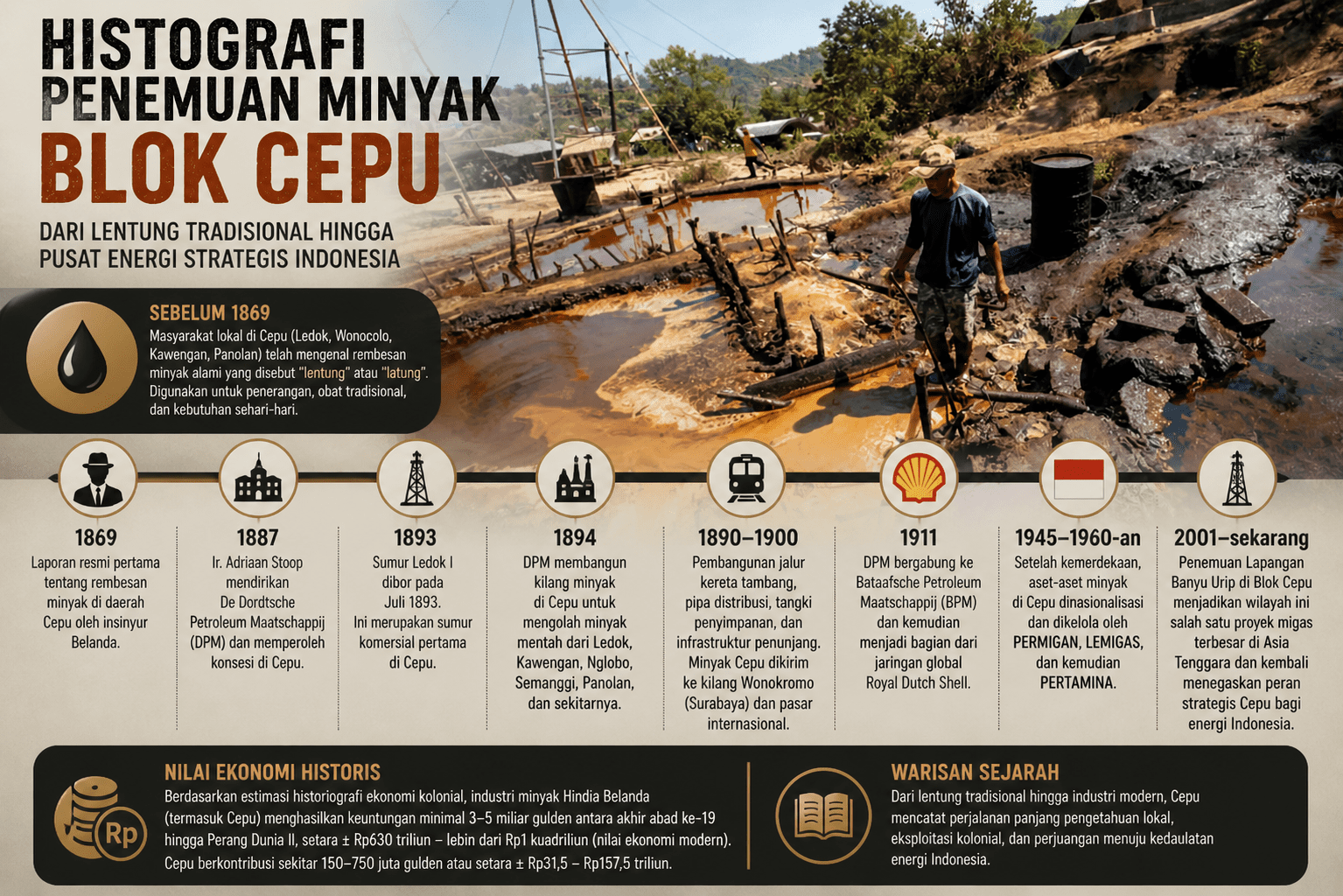 Sejarah Penemuan Minyak Bumi Blok Cepu, Dari Rembesan Lentung Tahun 1869